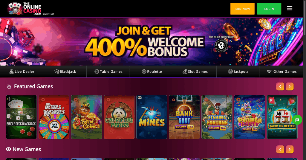 TheOnlineCasino homepage screenshot